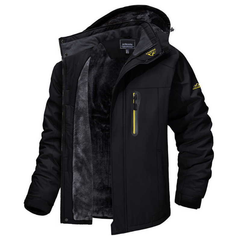 Waterproof winter parka fleece-lined hooded in black, front view