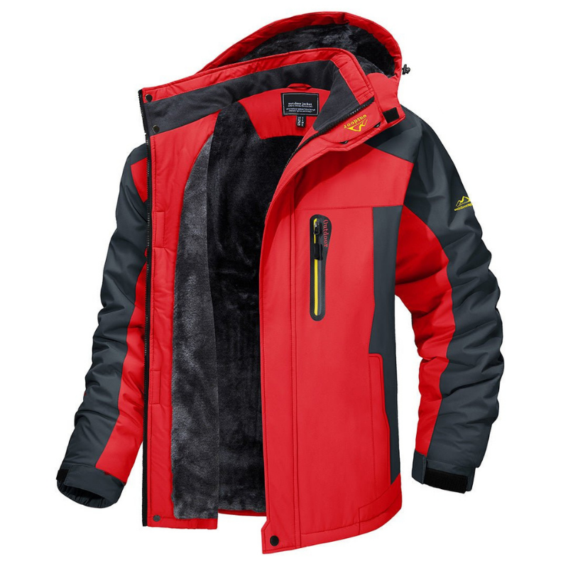 Waterproof winter parka fleece-lined hooded in red, front view