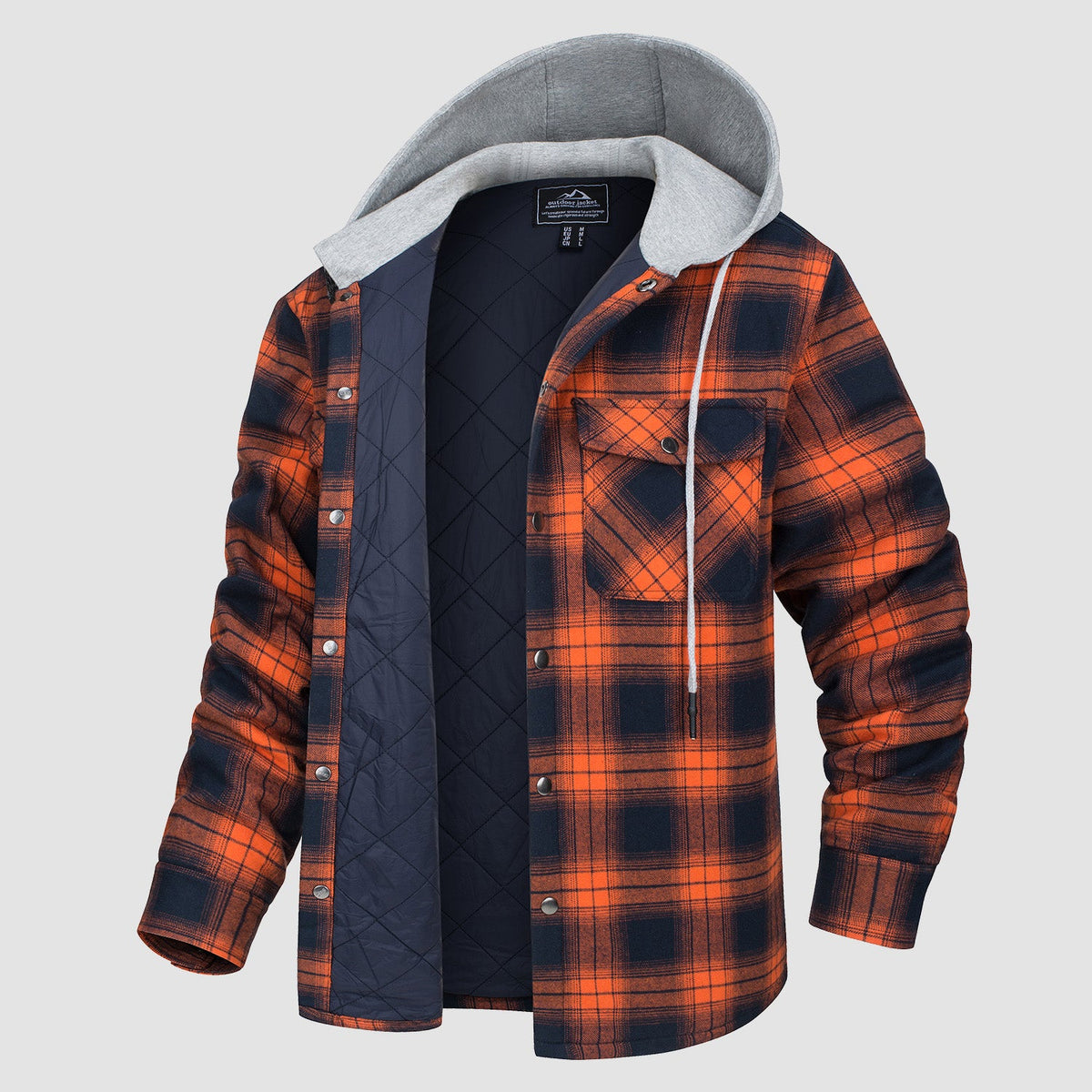 Quilted flannel jacket in Navy plaid with an adjustable hood and button-down front.