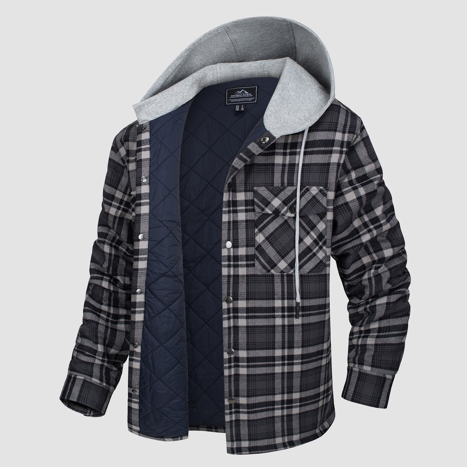 Quilted flannel jacket in Bright Blue plaid with an adjustable hood and button-down front.