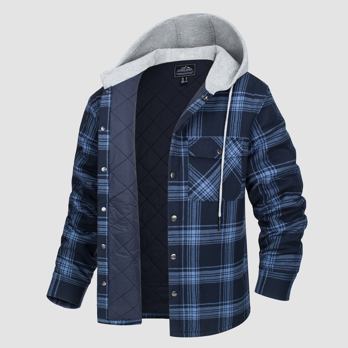 Quilted flannel jacket in Red White plaid with an adjustable hood and button-down front.