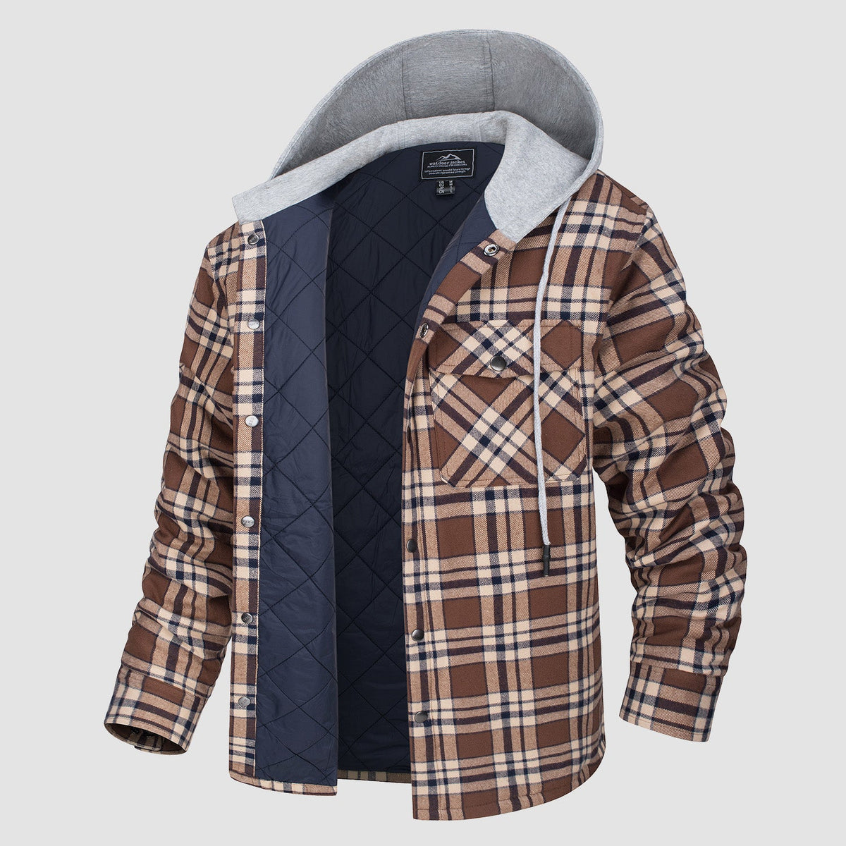 Quilted flannel jacket in Green plaid with an adjustable hood and button-down front.