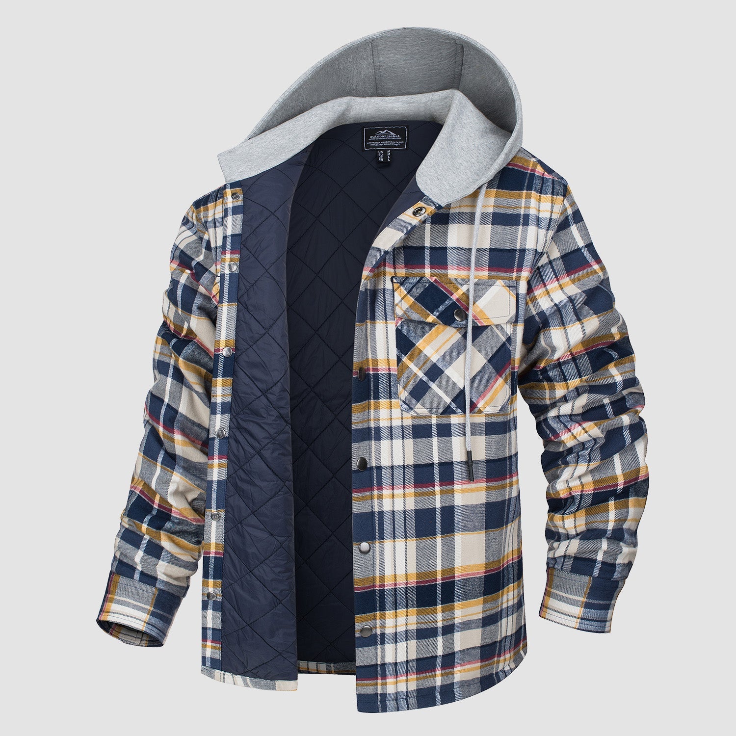 Quilted flannel jacket in Grey Blue plaid with an adjustable hood and button-down front.