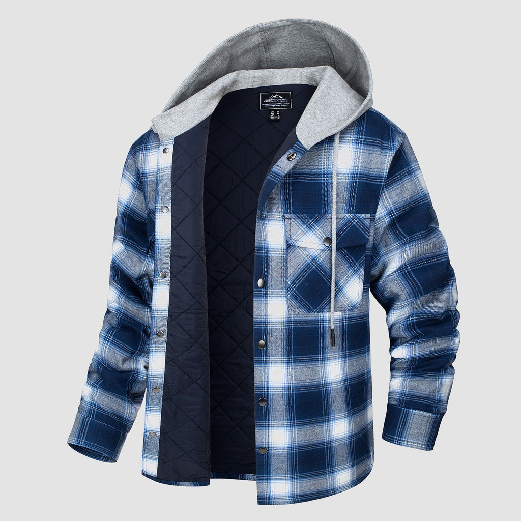 Quilted flannel jacket in Blue White plaid with an adjustable hood and button-down front.