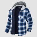 Quilted flannel jacket in Blue White plaid with an adjustable hood and button-down front.