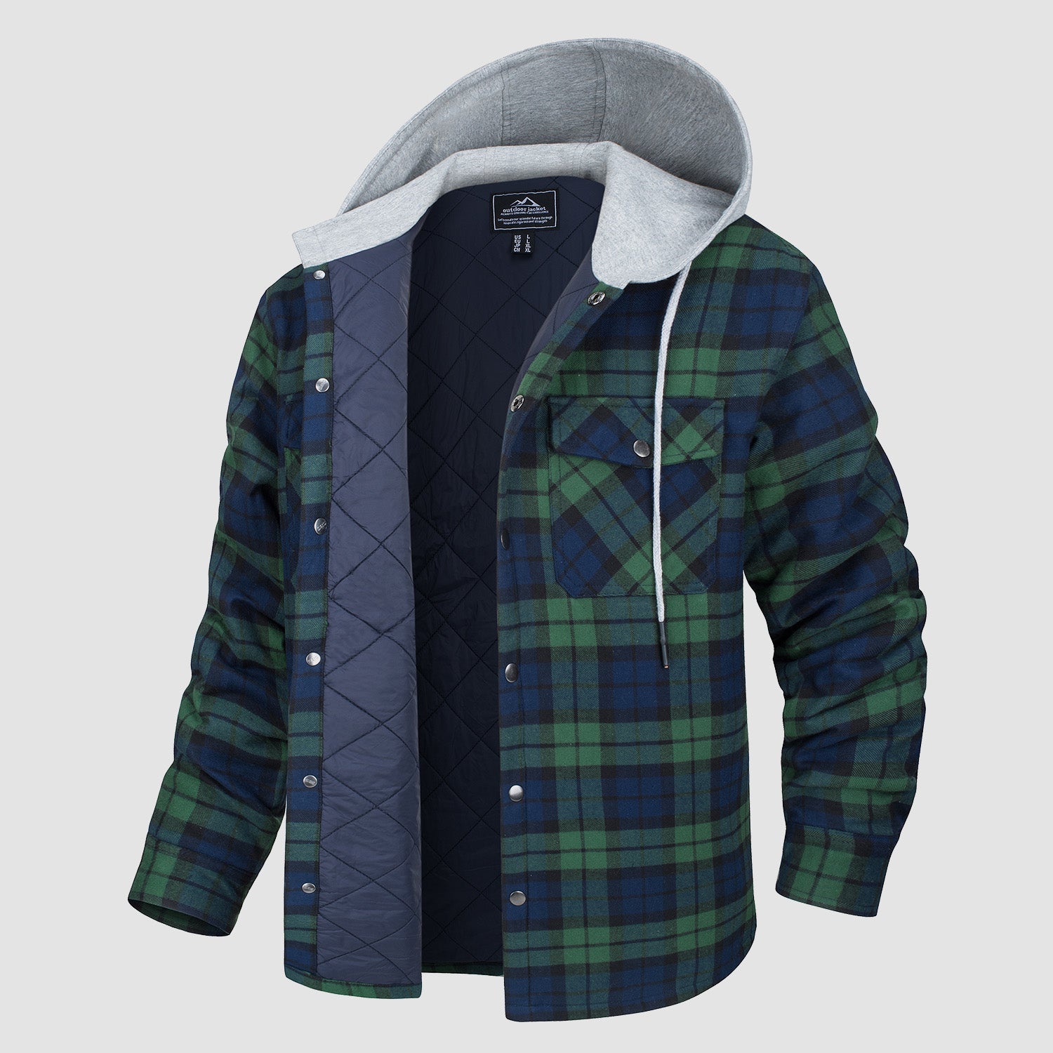 Quilted flannel jacket in Red Navy plaid with an adjustable hood and button-down front.