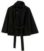 Wool blend coat with high collar and removable belt, detail view
