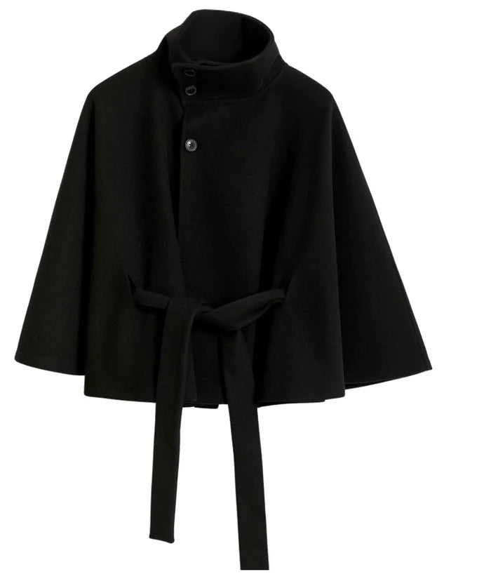 Cape-Sleeve Belted High-Collar Coat