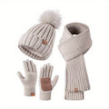 Winter knit hat, scarf and touchscreen gloves set in beige