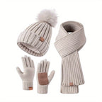 Winter knit hat, scarf and touchscreen gloves set in beige