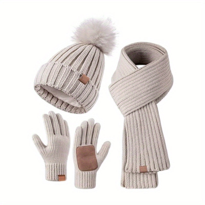 Winter knit hat, scarf and touchscreen gloves set in beige