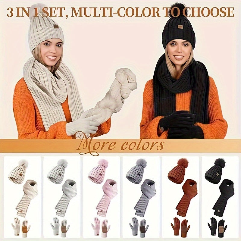 Winter knit hat, scarf and touchscreen gloves set in light gray