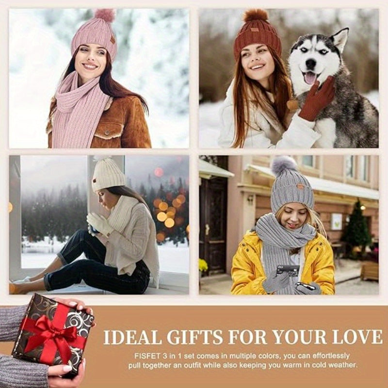 Winter knit hat, scarf and touchscreen gloves set in pink