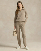 Polo-collar knit two-piece set in camel.