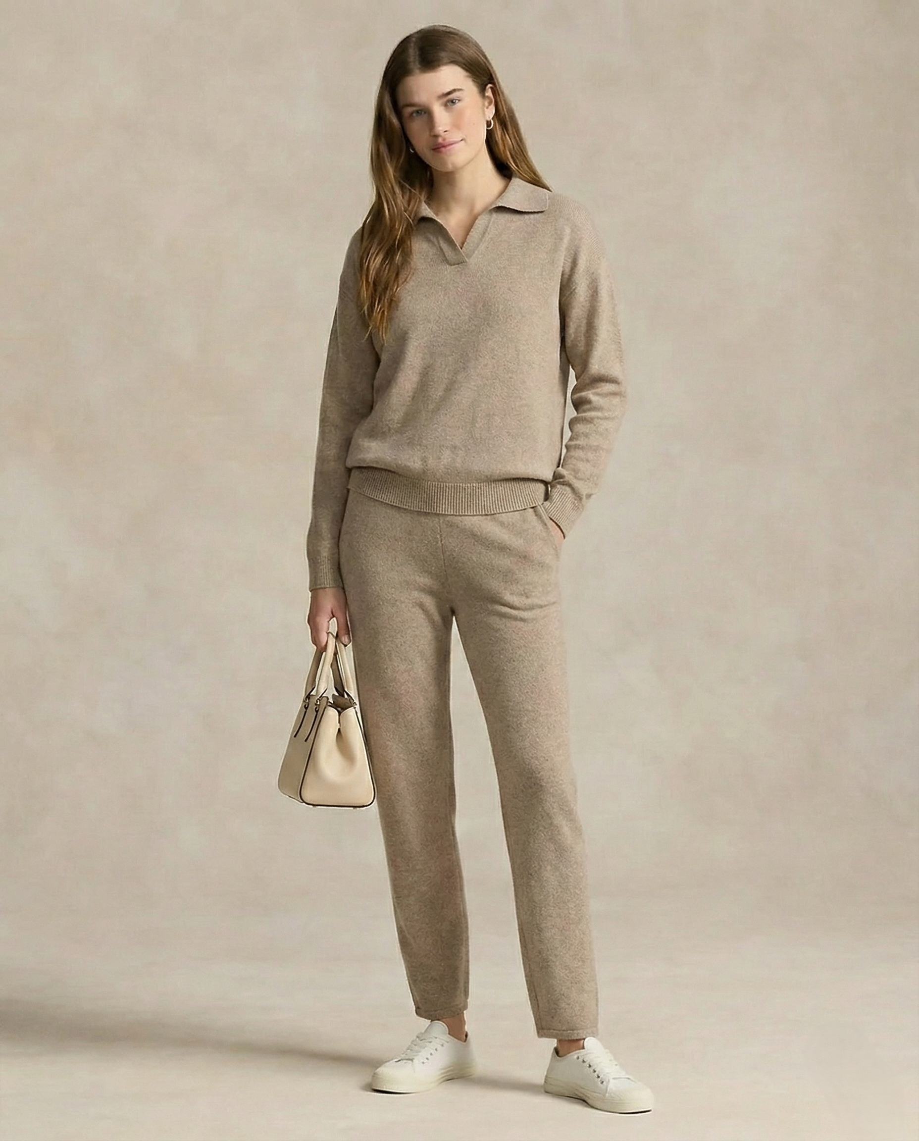 Polo-collar knit two-piece set in camel.