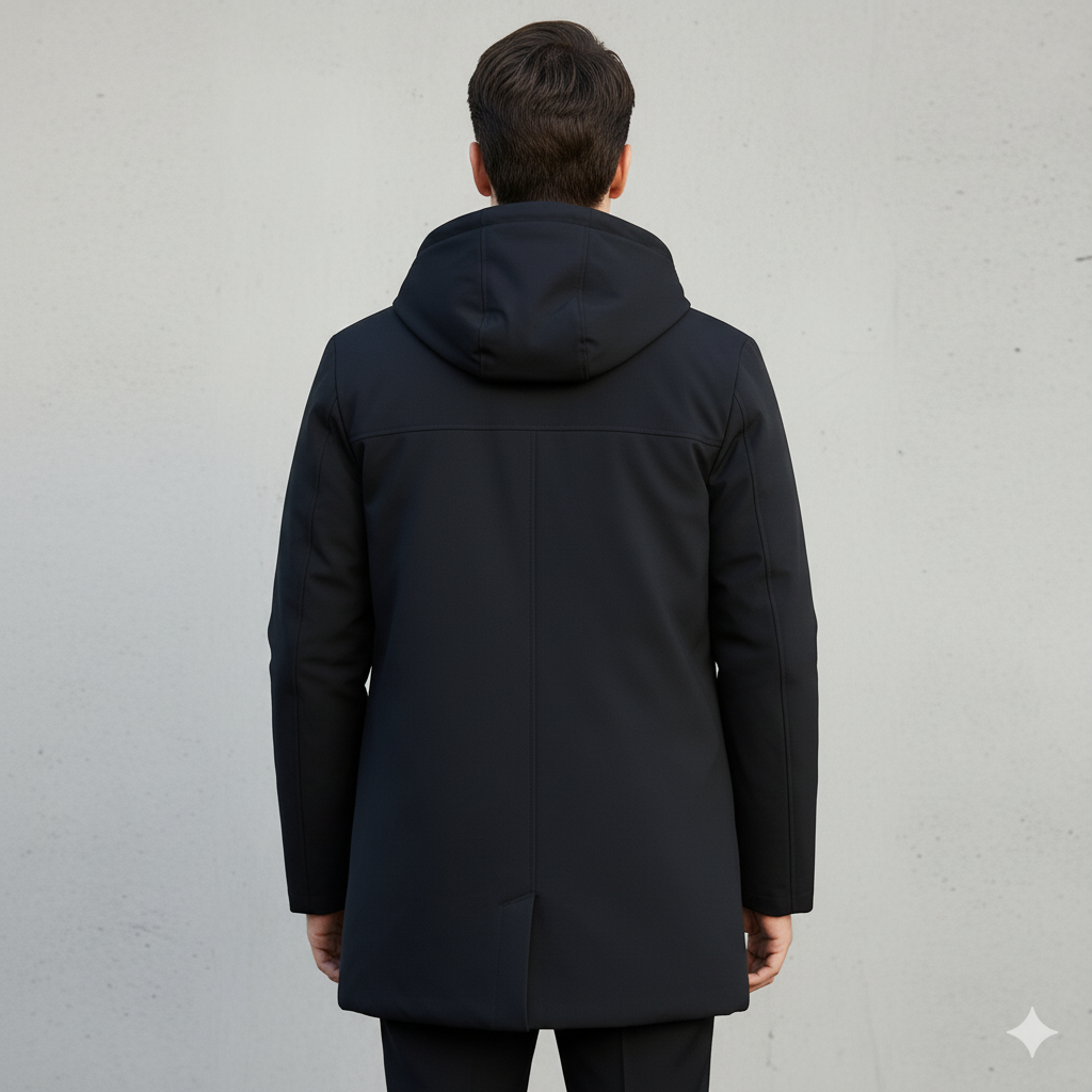 Black waterproof winter jacket styled with jeans and boots