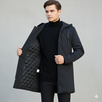 Black padded winter jacket with hood up, side view