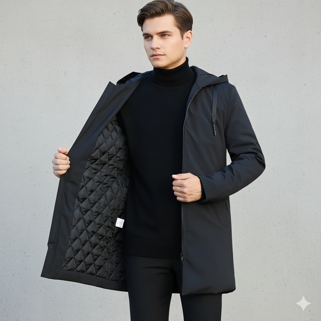 Black padded winter jacket with hood up, side view