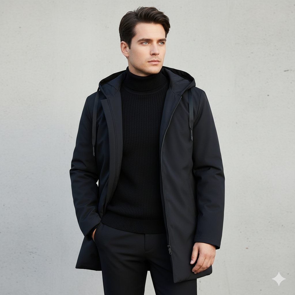 Black hooded padded winter jacket, waterproof shell, front view