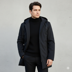 Black hooded padded winter jacket, waterproof shell, front view