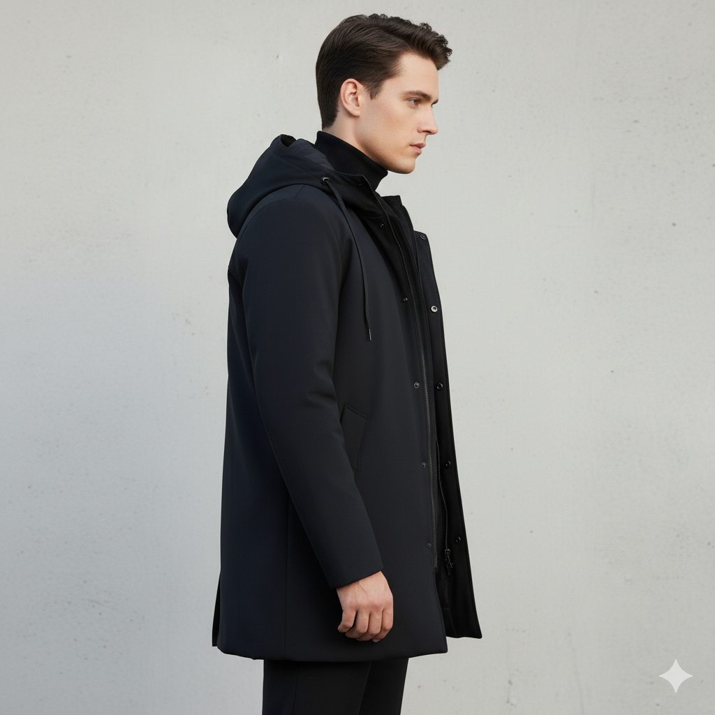 Black hooded winter jacket, back view showing longline cut