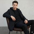 Black padded winter jacket, close-up of the zip-through front
