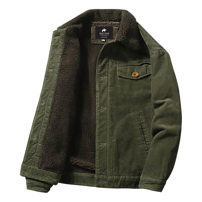 Army green corduroy jacket with plush faux-fur lining and turn-down collar, front view