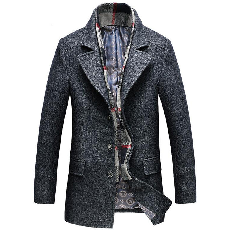Windproof wool coat with detachable scarf in dark gray, front view, tailored mid-length cut.