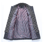 Long wool blend coat detail showing the detachable scarf and turn-down collar.