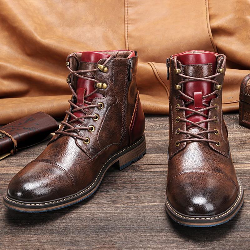 Brown zip and lace boots with round toe, side view