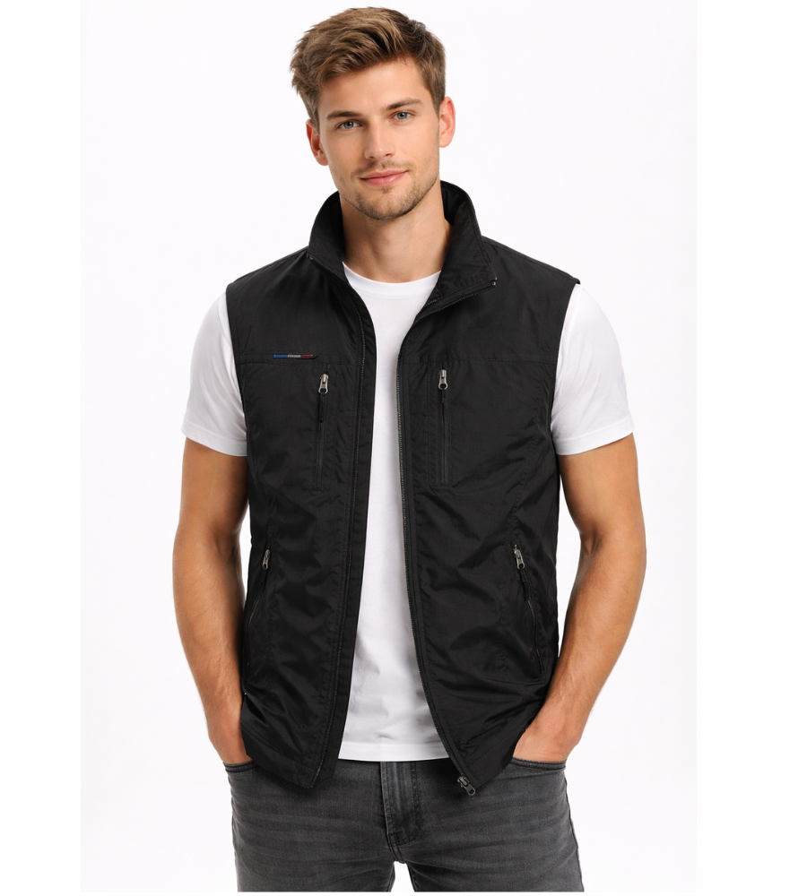 Grey bodywarmer vest with full zip and standing collar, front view