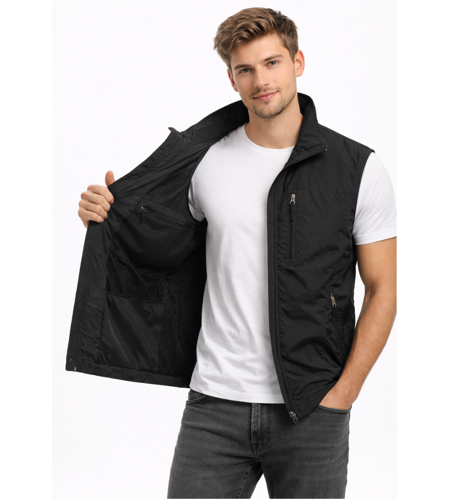 Green bodywarmer vest with full zip and standing collar, front view