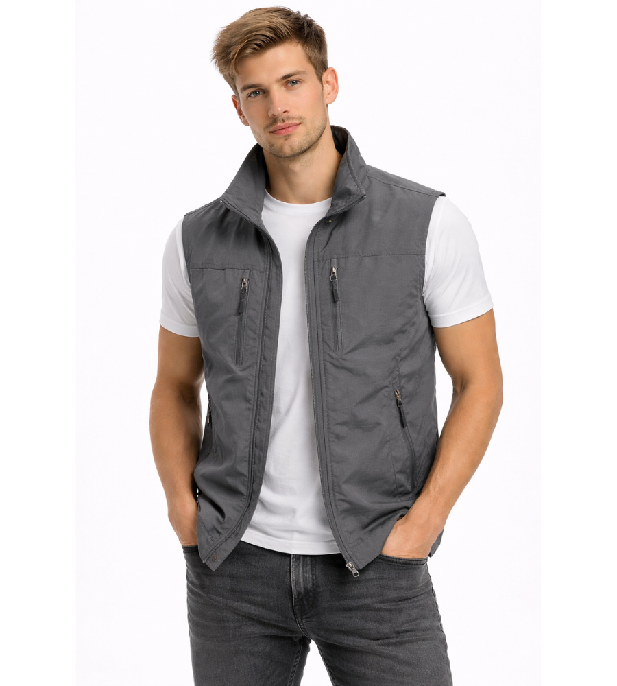 Red bodywarmer vest with full zip and standing collar, front view