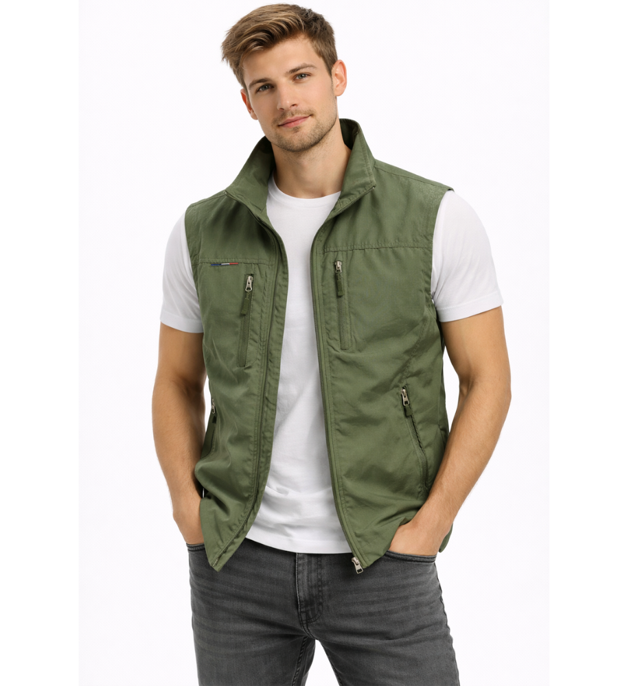 Khaki bodywarmer vest with full zip and standing collar, front view