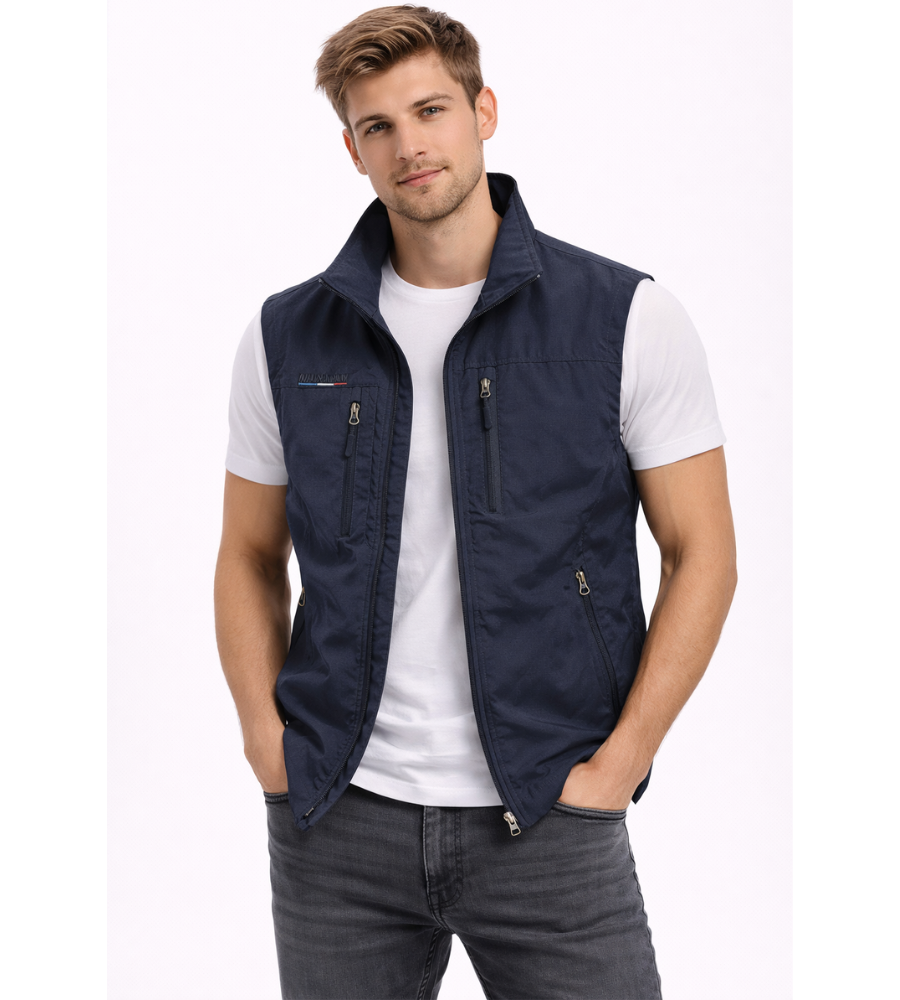 Bodywarmer vest standing collar and zip pull detail