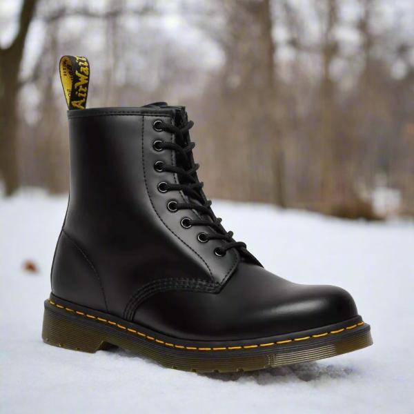 Lace up boots in leather-look finish with rubber sole, front view