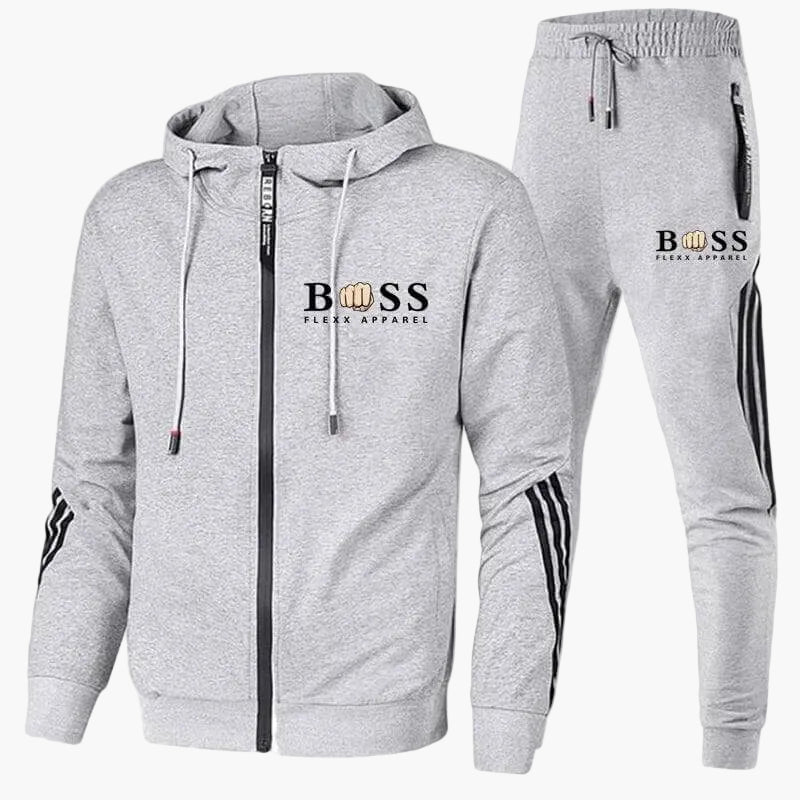 White two-piece tracksuit set, back view of the hoodie