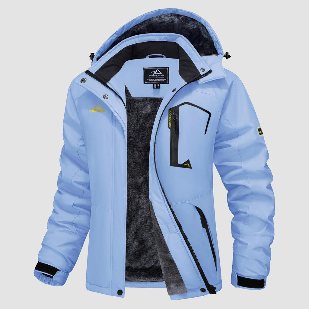 Hooded water-resistant ski jacket in Light Blue, fleece-lined with four zip pockets.