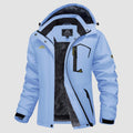 Hooded water-resistant ski jacket in Light Blue, fleece-lined with four zip pockets.