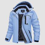 Hooded water-resistant ski jacket in Light Blue, fleece-lined with four zip pockets.