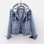 Casual denim jacket with removable hood in light blue.