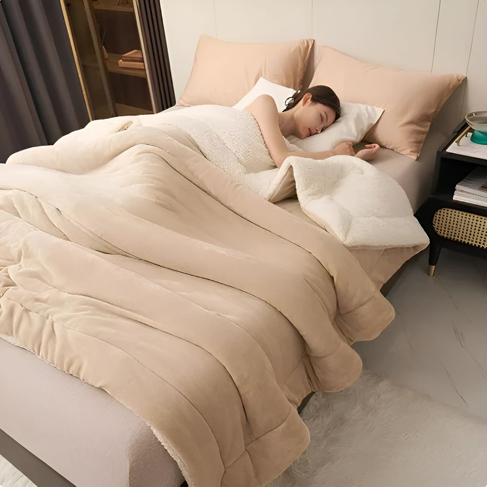Flannel fleece blanket plush throw in beige, draped over a sofa