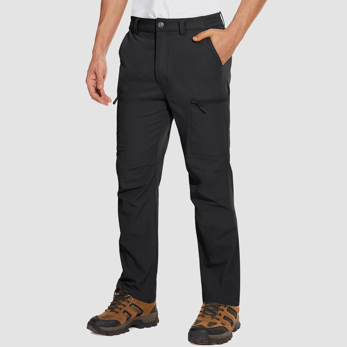 Black ripstop cargo pants with six pockets, water resistant hiking trousers