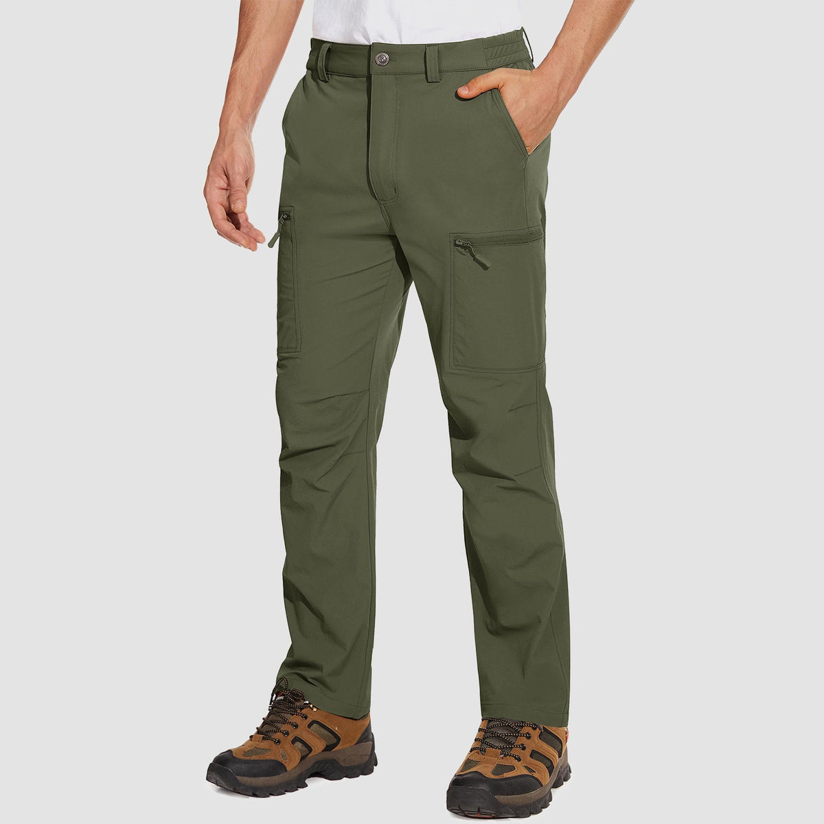 Army Green ripstop cargo pants with six pockets, water resistant hiking trousers