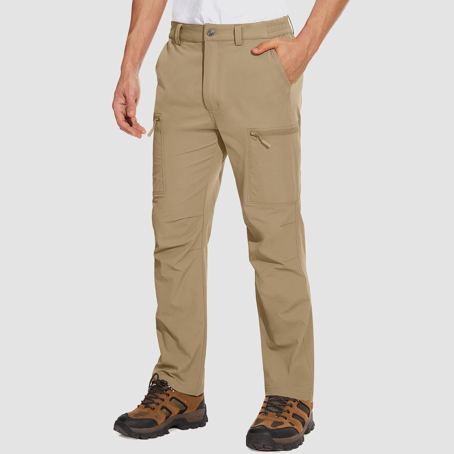 Khaki ripstop cargo pants with six pockets, water resistant hiking trousers