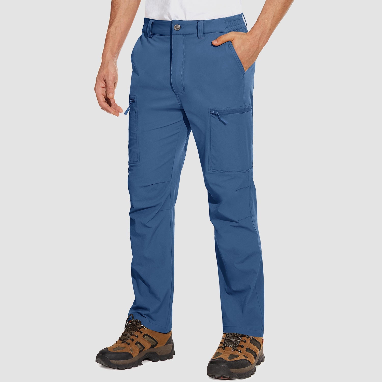 Blue ripstop cargo pants with six pockets, water resistant hiking trousers