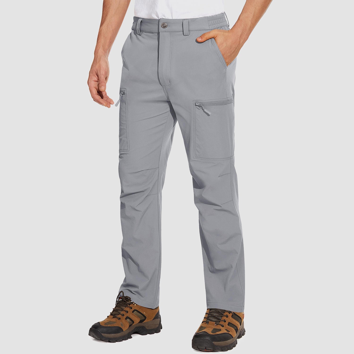 Light Grey ripstop cargo pants with six pockets, water resistant hiking trousers