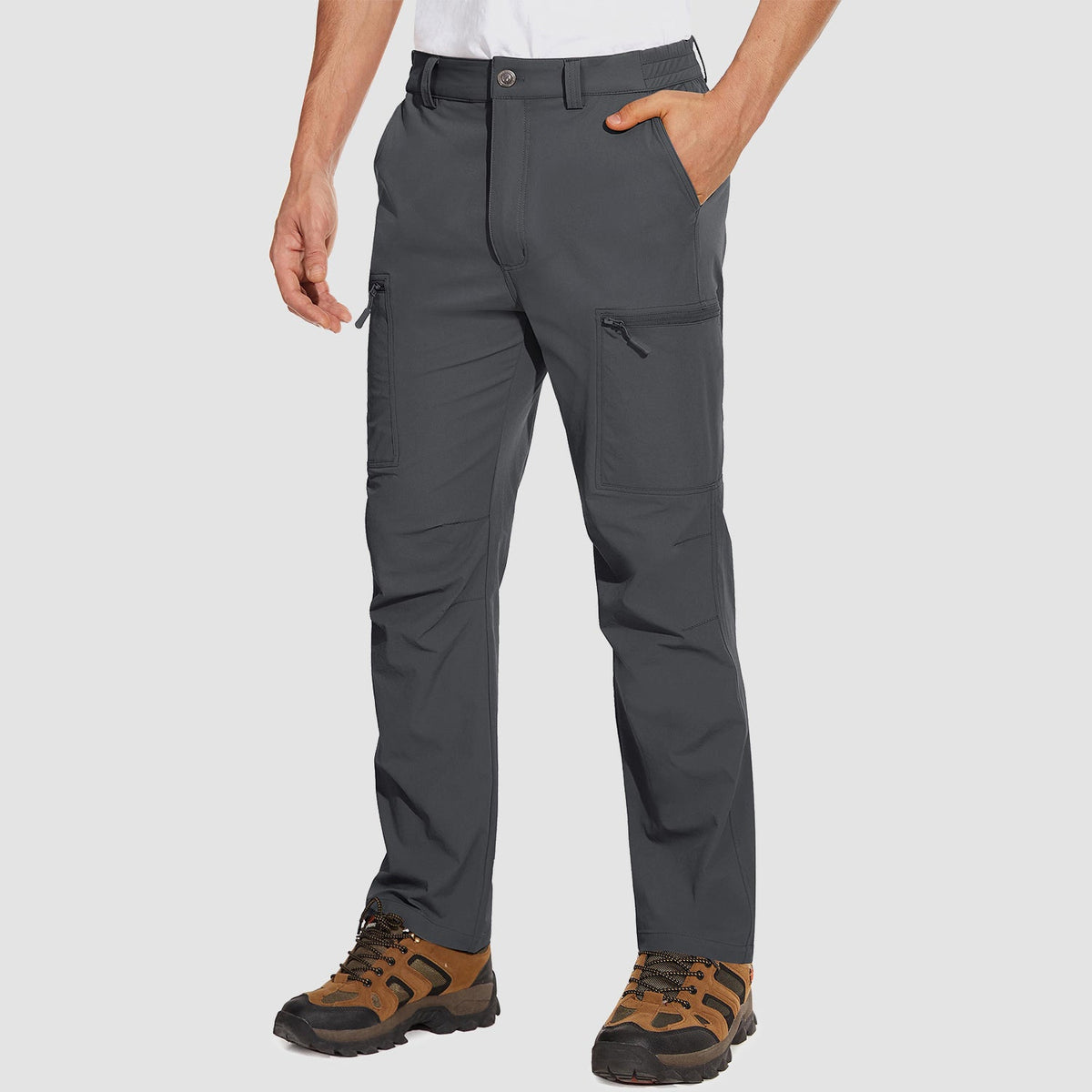 Dark Grey ripstop cargo pants with six pockets, water resistant hiking trousers