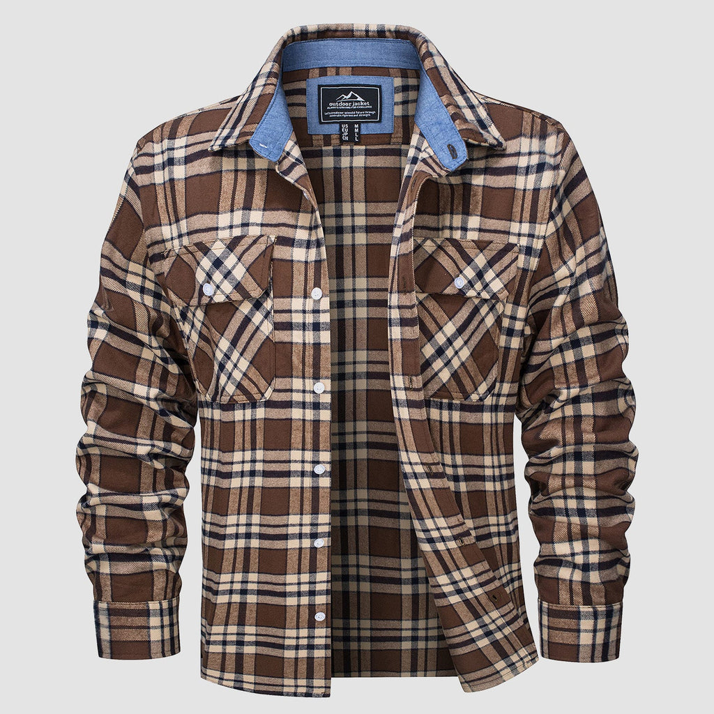 Plaid flannel shirt detail: button-down front, chest pockets and double-button cuffs.