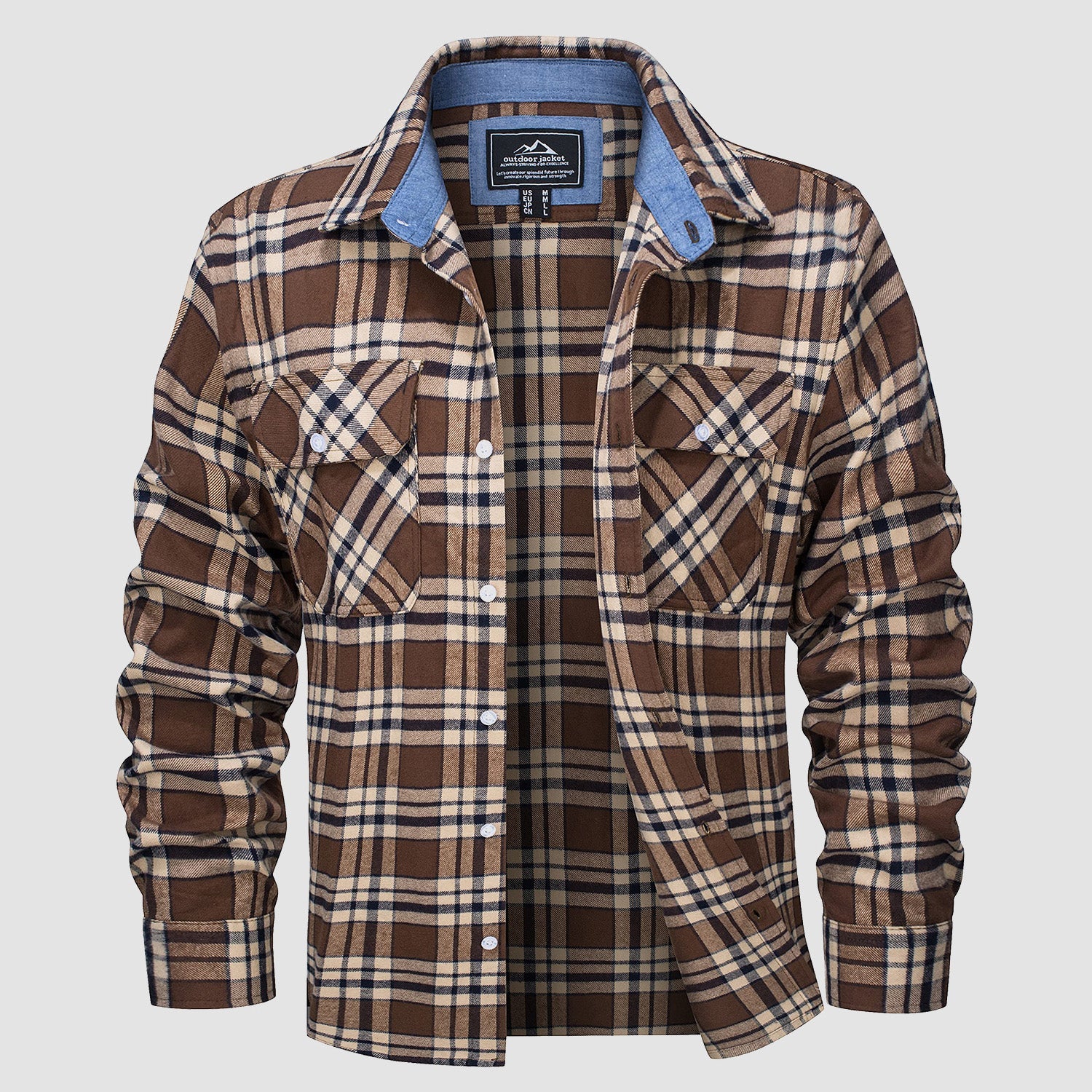 Plaid flannel shirt detail: button-down front, chest pockets and double-button cuffs.